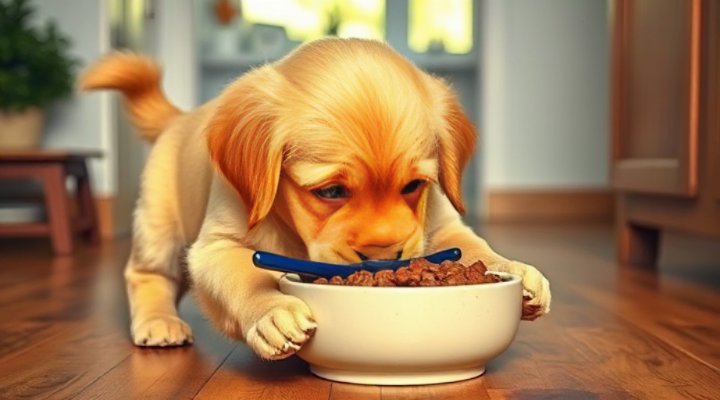 Golden retriever eagerly eating from bowl of farmers fresh dog food