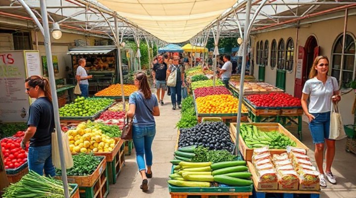 Busy local farmers market featuring fresh ingredients for dog food