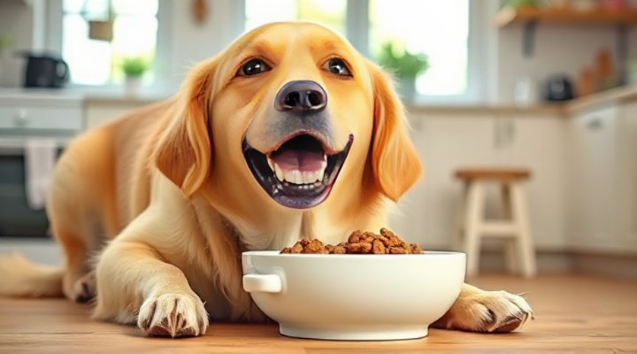 Dog enjoying unkibble meal with visible excitement and health