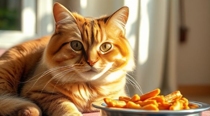 Healthy senior cat with shiny coat enjoying fresh food meal