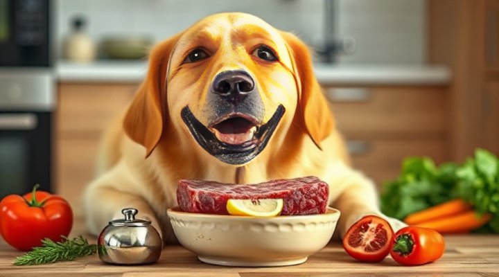 Golden retriever happily eating raw dog food from bowl