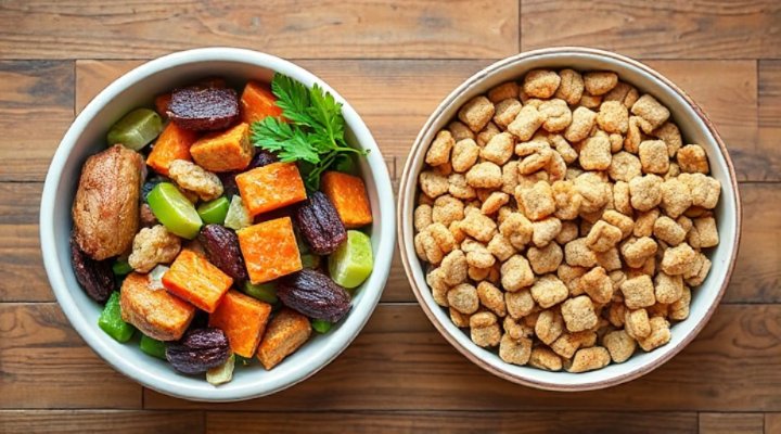 Side-by-side comparison of farmers fresh dog food and commercial kibble
