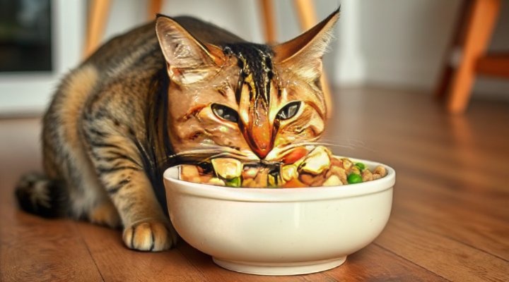 Adorable tabby cat enjoying bowl of fresh cat food with vegetables