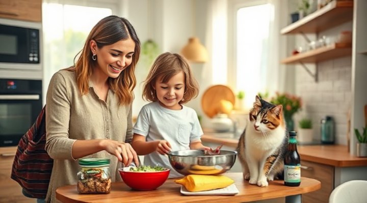 Loving family preparing fresh cat food together in kitchen