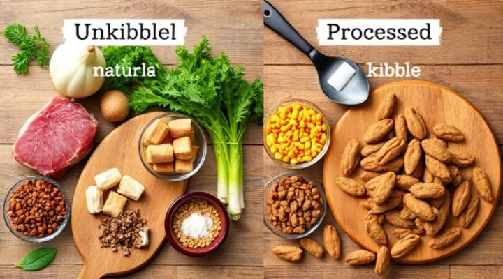 Comparison showing Unkibble natural ingredients versus traditional processed kibble