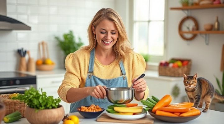 Loving cat owner preparing fresh cat food in modern kitchen