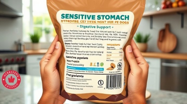Person carefully examining ingredient list on sensitive stomach dog food packaging