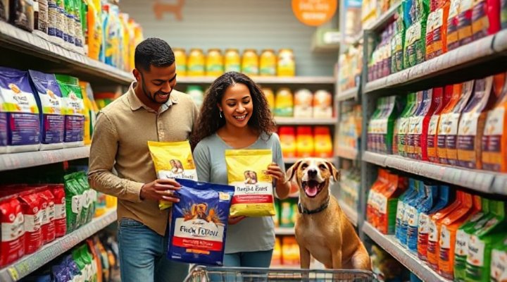 Happy family selecting premium dog food at pet store with their dog