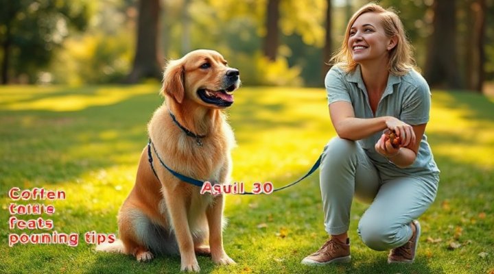 Golden retriever sitting obediently during training session with smiling owner