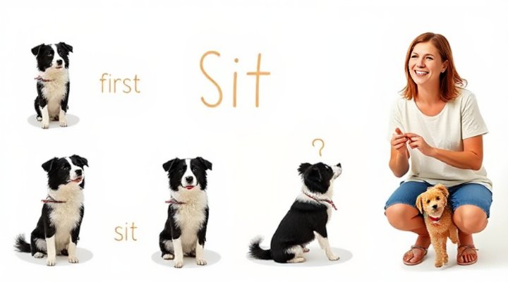 Sequence showing dog learning sit command with positive reinforcement