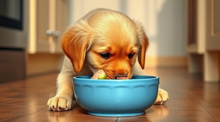 Happy golden retriever puppy enjoying Blue Buffalo puppy food from ceramic bowl