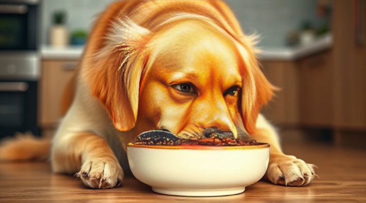 Golden retriever happily eating from a ceramic bowl of premium dog food