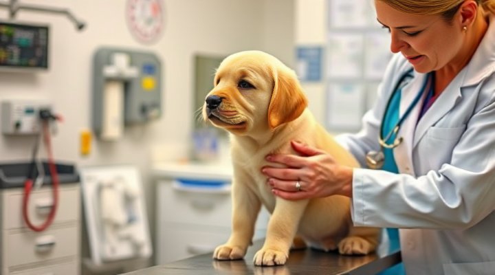 Professional veterinarian examining healthy labrador puppy during check-up