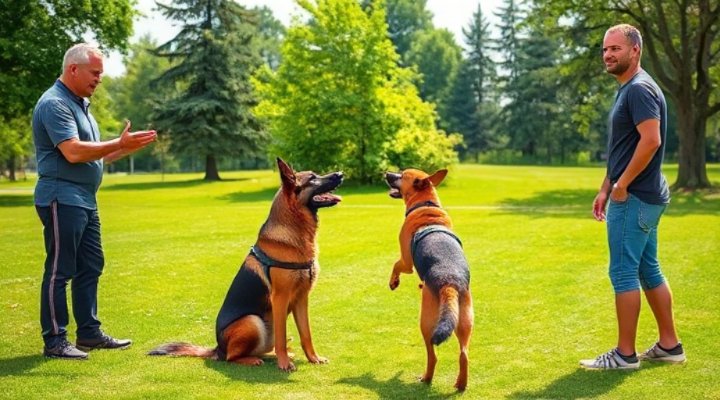 German shepherd performing advanced obedience commands in park