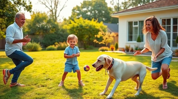 Happy family with well-trained labrador playing in backyard