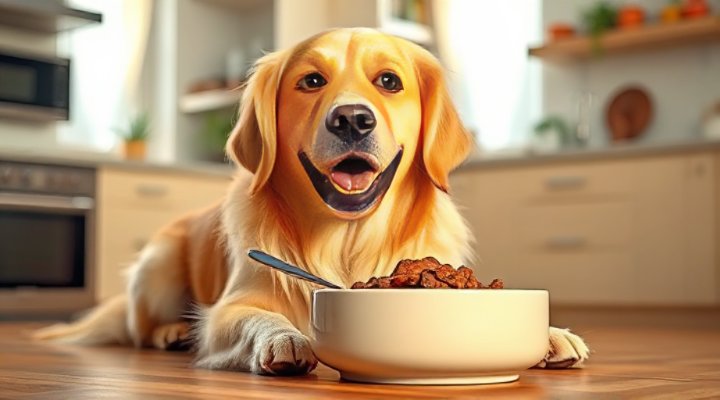 Golden retriever happily eating specialized dog food for sensitive digestive system