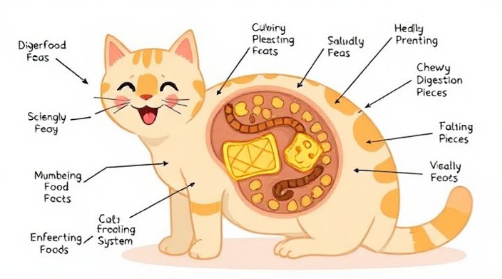 Cat digestive system diagram with chewy food