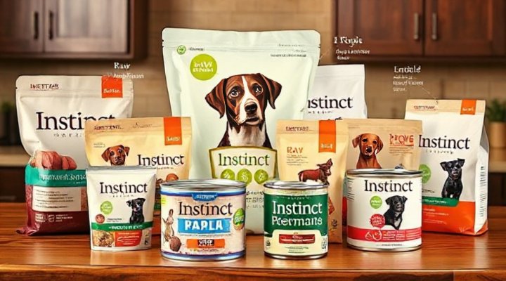 Various Instinct dog food products arranged neatly on counter