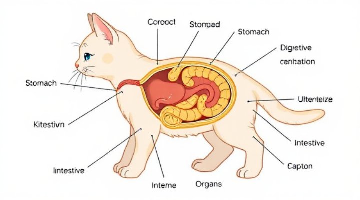Educational illustration showing kitten digestive system anatomy
