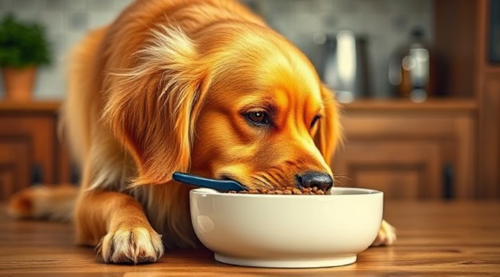 Golden retriever happily eating from Instinct dog food bowl