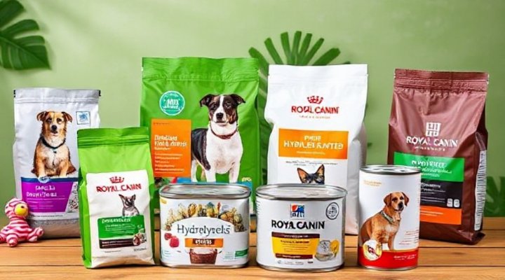 Assortment of hydrolyzed protein dog food products from different brands