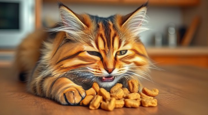 Cat enjoying chewy cat food with visible texture