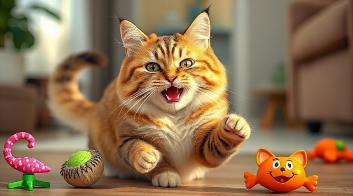 Active healthy cat playing with toys after eating Orijen food