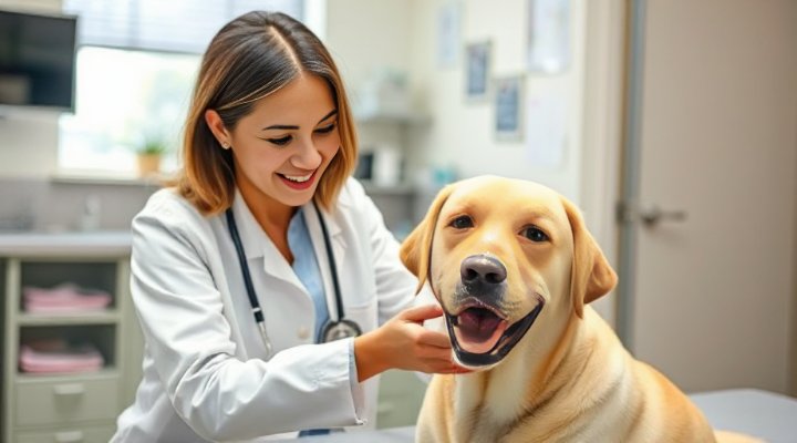 Friendly veterinarian examining a happy Labrador retriever during checkup