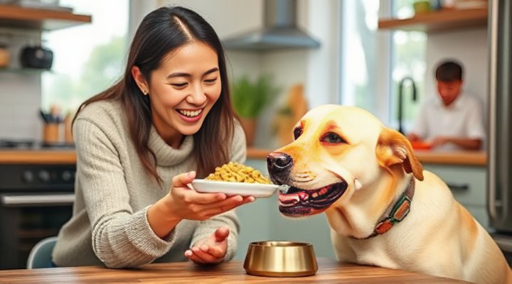 Smiling woman feeding her happy Labrador Instinct dog food