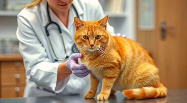 Caring veterinarian gently examining senior cat for urinary health issues