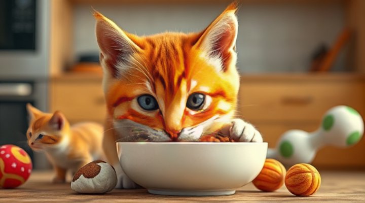 Cute kitten enjoying specialized nutritional food