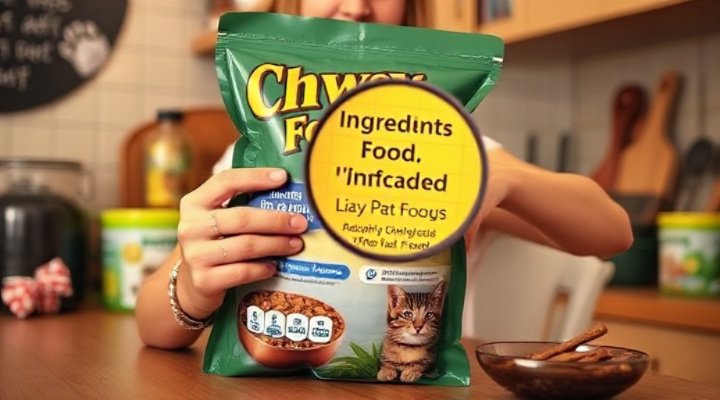 Person carefully reading cat food ingredient list with magnifying glass