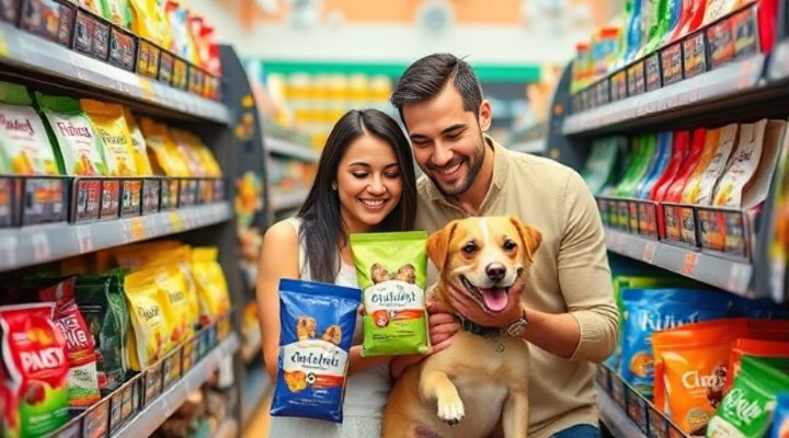 Loving family discussing dog food choices with their pet