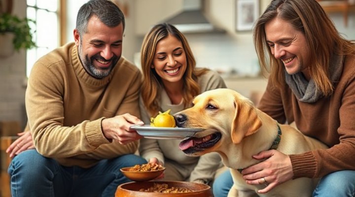 Loving family feeding their dog instinct raw nutrition food