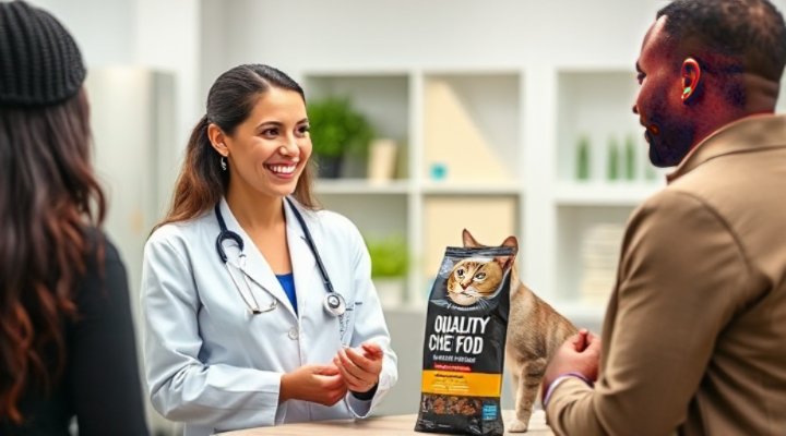 Friendly veterinarian discussing chewy cat food options with pet owner