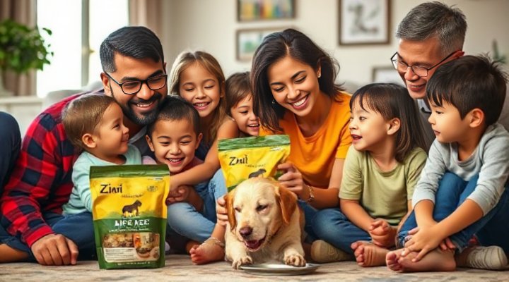 A loving family interacting with their dog while feeding Ziwi Peak Air Dried Dog Food
