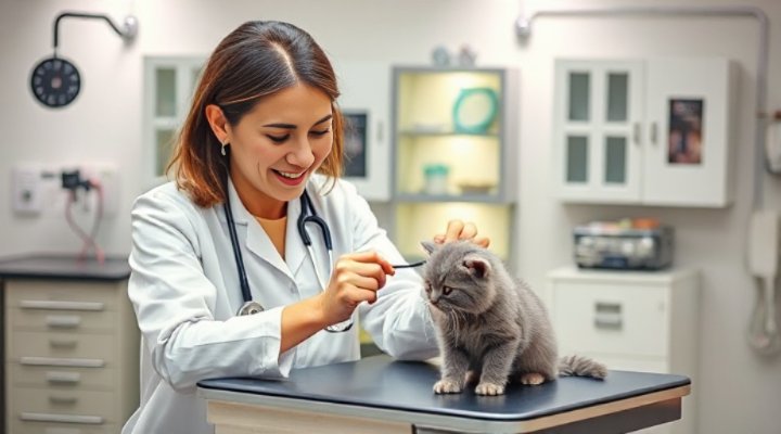 Caring veterinarian performing digestive health check on kitten