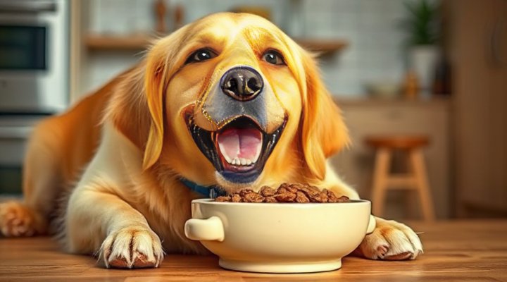 Golden retriever happily eating Ziwi Peak air-dried dog food from a bowl