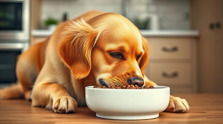 Golden retriever happily eating hydrolyzed protein dog food from bowl
