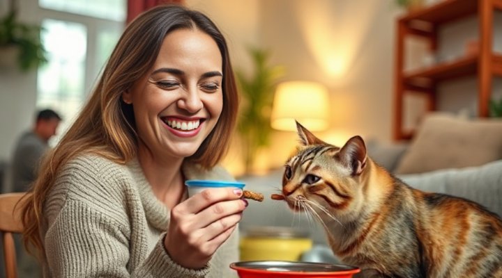 Caring woman feeding chewy dental food to her happy cat