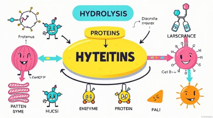 Illustration showing the hydrolysis process breaking down proteins