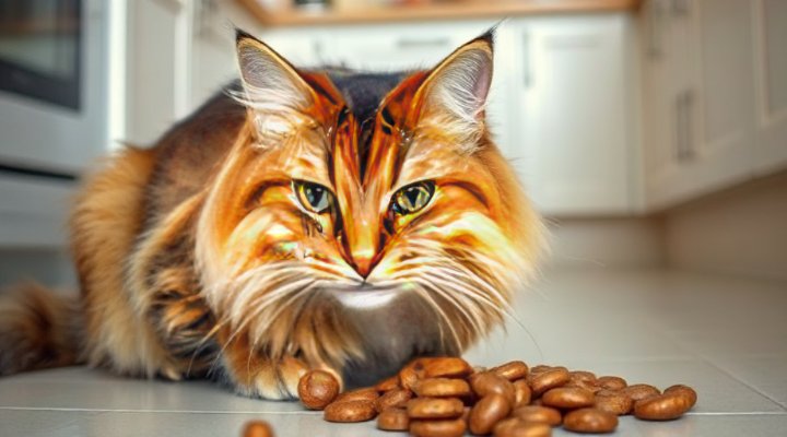 Adorable tabby cat happily chewing on specialized dental food with visible texture