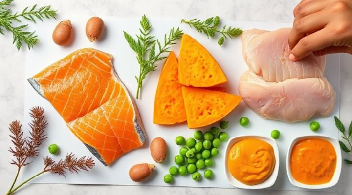 Healthy kitten food ingredients including salmon, chicken, and vegetables