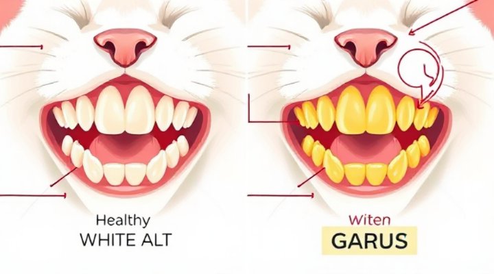 Visual comparison showing healthy cat teeth versus plaque buildup