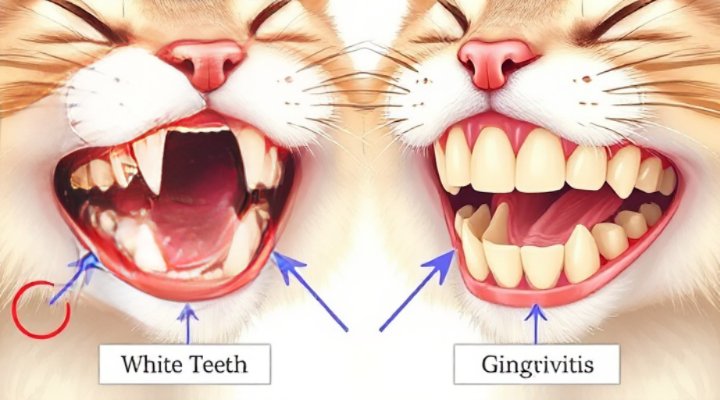 Comparison showing healthy cat teeth versus dental issues