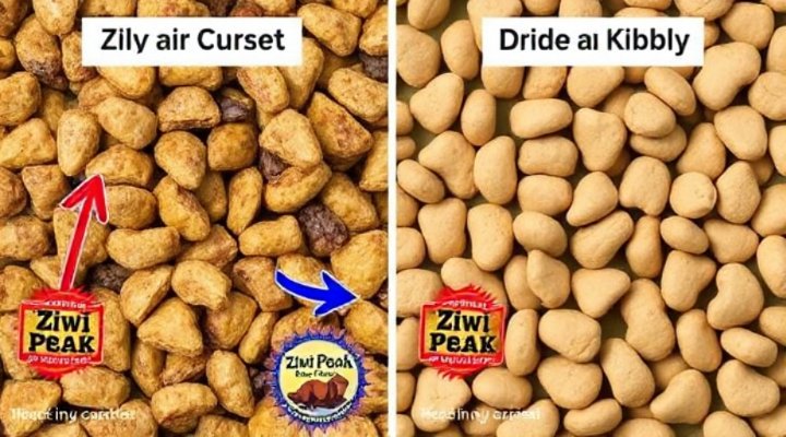 Visual comparison between Ziwi Peak Air Dried Dog Food and traditional kibble