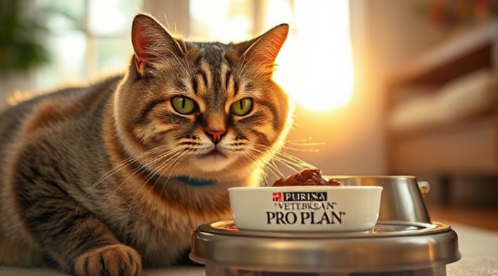 Content senior cat purring while eating Purina Pro Plan Veterinary Diet for aging pets