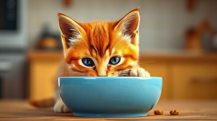 Cute kitten enjoying digestive health food from ceramic bowl