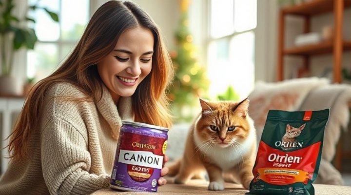 Caring pet owner feeding premium Orijen cat food to their content indoor cat