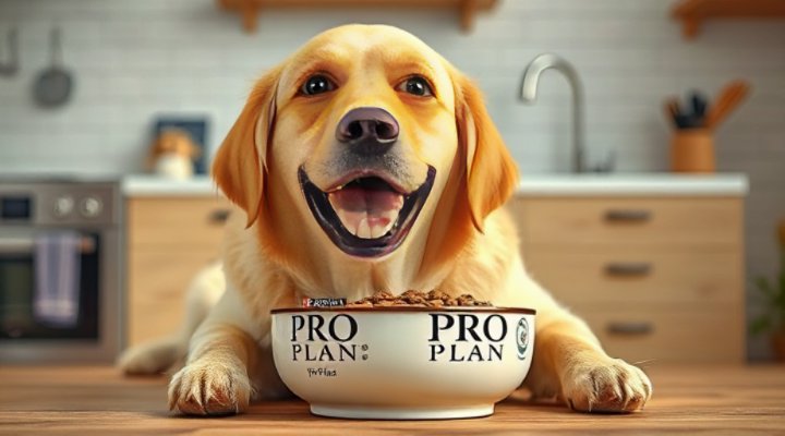 Cute golden retriever enjoying Purina Pro Plan Veterinary Diet food from bowl